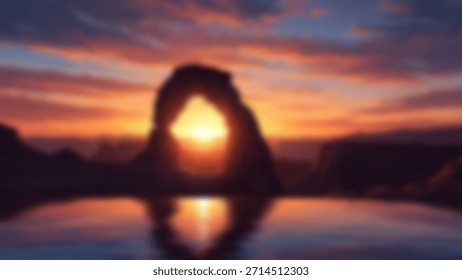 Dramatic Sunset Through Delicate Arch with Utah Colorful Skies Reflected in Calm Water.
