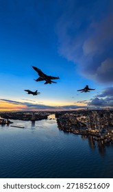 Dramatic sunset view of fighter jets flying over a river and city, creating a cinematic skyline. 3d Rendering Airplane. Image Background of New West, BC, Canada