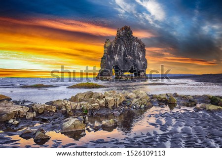 Dramatic sunset view of Hvitserkur unique basalt rock in Iceland. Location: place Hvitserkur, Vatnsnes peninsula, Iceland, Europe.