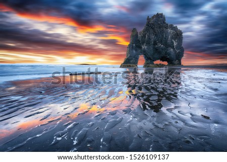 Dramatic sunset view of Hvitserkur unique basalt rock in Iceland. Location: place Hvitserkur, Vatnsnes peninsula, Iceland, Europe.