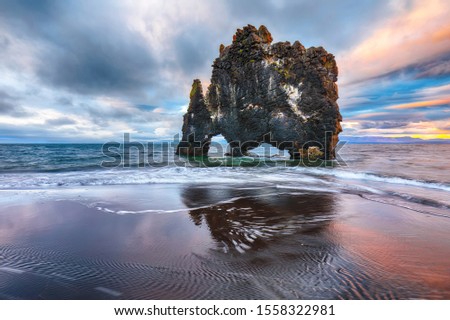 Dramatic sunset view of Hvitserkur unique basalt rock in Iceland. Location: place Hvitserkur, Vatnsnes peninsula, Iceland, Europe.