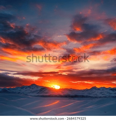 A dramatic sunset view over the snow-capped mountains