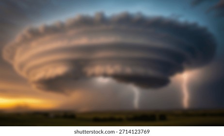 Dramatic Supercell Thunderstorm with Lightning Strikes Over Landscape at Sunset.