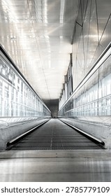 A dramatic symmetrical perspective shot of an empty moving walkway (travelator) inside a modern airport or transit terminal. The metallic silver ceiling, glass panel walls, and ribbed rubber belt surface converge toward a single vanishing point at the far end of the corridor, creating a powerful sense of depth and forward motion. The polished steel and glass interior reflects ambient light, giving the scene a sleek, futuristic, and minimalist aesthetic. No people present. Shot in portrait orientation with natural and artificial lighting. Ideal for concepts related to travel, transportation, modern architecture, business travel, and forward movement.