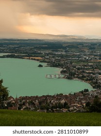 Dramatic thunderstorm over Lake Zug and the Old Town, Switzerland