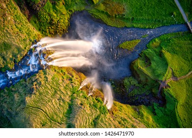Dramatic top view of waterfall peak, Iceland. Iceland is famous for pure, dramatic and rough nature.
