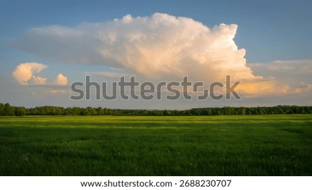 A dramatic, towering cumulus cloud illuminated by the setting sun over a vast green meadow and distant treeline.
