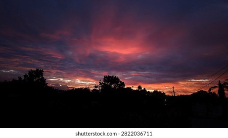 Dramatic twilight sky featuring vibrant red and purple clouds over dark silhouetted trees during a vivid tropical sunset.