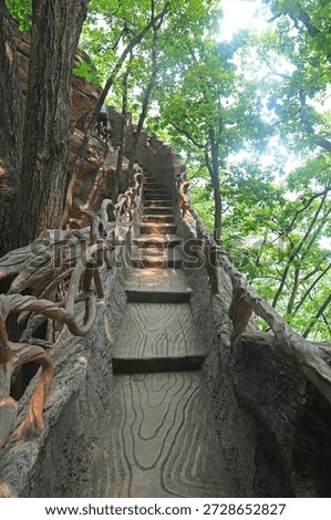 A dramatic upward view of a steep, winding stone staircase, designed to mimic natural wood texture, flanked by rustic, vine-like metal railings. The path ascends through a lush, sun-dappled forest, with tall trees and rocky cliffs framing the steps, creating a sense of adventure and immersion in nature. This scenic trail captures the blend of man-made design and wild natural beauty in a Chinese mountain park.