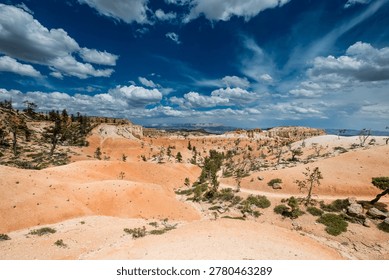 Dramatic vast arid landscape under a vibrant blue sky with white clouds, evoking awe and peace
