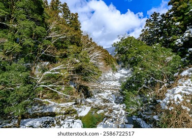 Dramatic view of a bridge over the river in winter, Kazurabashi Vine Bridge in Tokushima Prefecture in Japan, Travel or outdoor