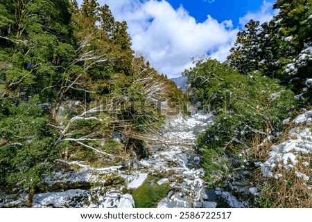 Dramatic view of a bridge over the river in winter, Kazurabashi Vine Bridge in Tokushima Prefecture in Japan, Travel or outdoor