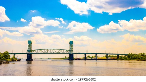 Dramatic View Of The Cape Fear Memorial Bridge In Wilmington, North Carolina NC, Helping A Highway Cross A River To The Historic Downtown Of The City.