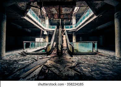 Dramatic view of damaged escalators in abandoned building. Apocalyptic and evil concept - Shutterstock ID 358224185