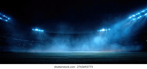 A dramatic view of an empty stadium field illuminated by bright blue stadium lights. The scene is shrouded in mist, creating a captivating atmosphere.