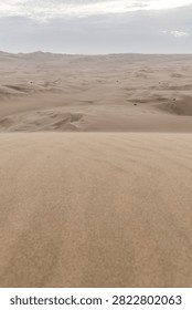 Dramatic view of extensive sand dunes with subtle textures under a cloudy sky; serene and broad
