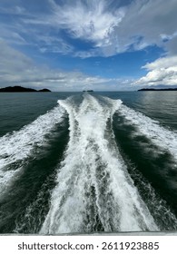 A dramatic view of foamy ship wake cutting through the open ocean, captured from the stern of a vessel under a vibrant blue sky.