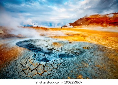 Dramatic view of the geothermal area Hverir (Hverarond). Location place Myvatn lake, Northeastern region, Krafla volcano, Iceland, Europe. Image of exotic world landmark. Discover the beauty of earth.