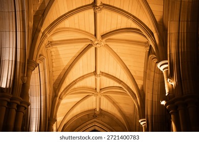 Dramatic view of a historic vaulted ceiling with ornate stone details under warm, golden illumination.