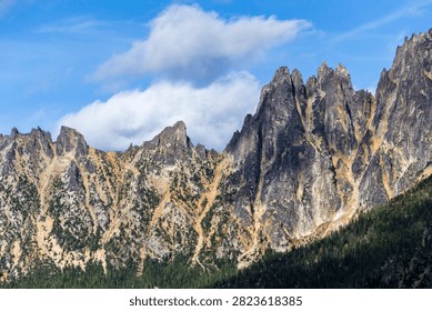 Dramatic view of jagged granite mountain peaks under a bright blue sky with white clouds and pine forest at the base.