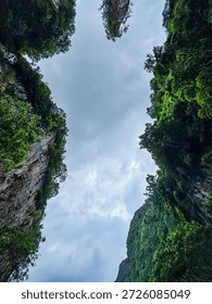 Dramatic view looking up at lush green limestone cliffs and cloudy sky