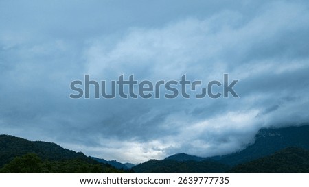 A dramatic view of a lush, forested mountain peak shrouded in thick clouds, capturing the raw beauty and mystique of nature under an overcast sky.