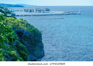  Dramatic view of a lush green cliff edge overlooking the dark blue ocean with ships anchored in a distant port under cloudy blue skies.