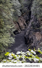 A dramatic view of a river flowing through a narrow, rocky gorge. Steep cliffs rise on either side, covered in lush green vegetation. The water is dark and reflects the surrounding landscape. Foreground features vibrant white flowers adding a touch of color to the scene. Captured during sunset at Erlebnisberg Fulseck - Dorfgastein.