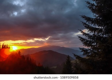 Dramatic view of sky. Sunset in the mountains.