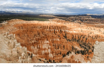 Dramatic view of the various multi-colored hoodoos, spires and pinnicles of Bryce Canyon national Park in Utah as seen from Bryce Viewpoint.