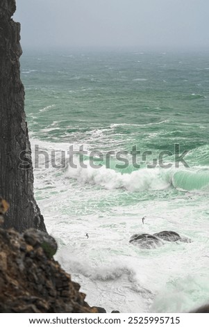 Dramatic view of waves crashing against the steep cliffs of Látrabjarg in Iceland's Westfjords.