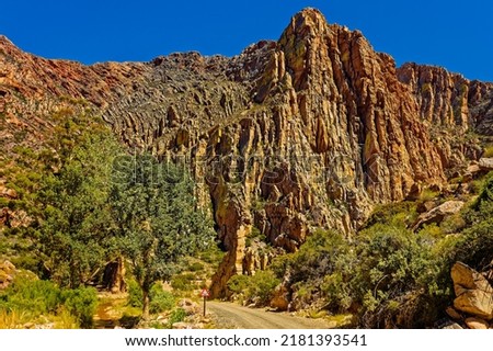 Dramatic wall of fire vertical anticline and fold rocks on Swartberg Pass near Prince Albert, Western Cape, South Africa