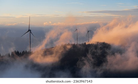 Dramatic weather condition around wind power plants at the Gaberl, Stubalpe mountain