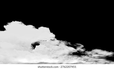 Dramatic White Cumulus Clouds on Stark Black Background, High Contrast Monochrome Cloudscape for Creative Compositing and Fine Art Minimalist Design.