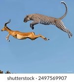 A dramatic wildlife scene capturing a leopard mid-air as it leaps towards an impala in full flight under a clear blue sky, showcasing the intense predator-prey dy