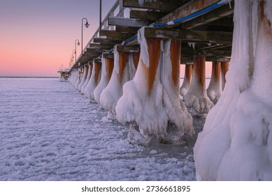 Dramatic winter view of the pier in Gdynia Orłowo. Frozen Baltic Sea coast with heavy ice formations and snow. Beautiful Polish nature scenery.