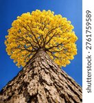 A dramatic worm eye perspective of a flowering Yellow Tabebuia tree. The massive trunk leads the eye upward to a dense, circular canopy of brilliant yellow blossoms, creating a beautiful contrast against the deep blue background. Perfect for nature, seasonal, and botanical themes.