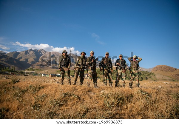 Drass, Ladakh, India- 25\
July 2016: Indian Army patrolling party securing Drass valley,\
ladakh, India.