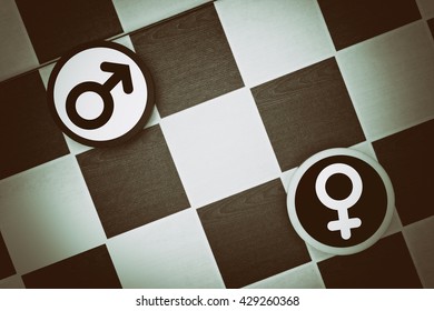 Draughts (Checkers) - Husband Vs Wife, Woman Vs Man, Feminism Vs Masculism, Feminine Vs Masculine. Conflict And Fight Between Genders And Heterosexual Couples (underexposure, Vignetting)