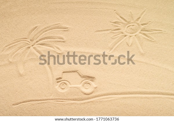 Draw car, sun, pam tree on\
beach sand. Car rental concept. Insurance. Travel. Summer time.\
Creative 