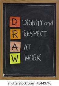 DRAW (dignity And Respect At Work) - Workplace Culture Acronym, White Chalk Handwriting, Colorful Sticky Notes On Blackboard