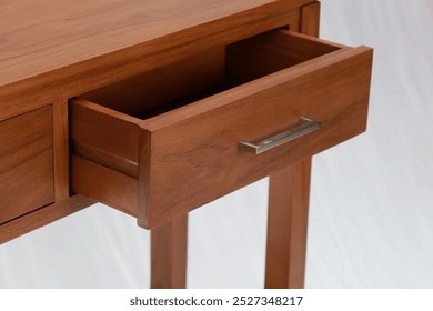 Drawer for console table made from teak in waterbase finishing