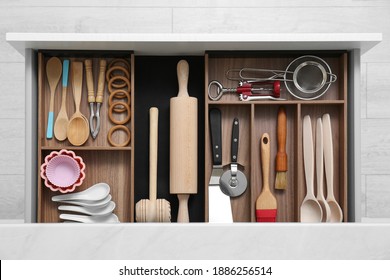 Drawer With Utensil Set, Top View. Order In Kitchen