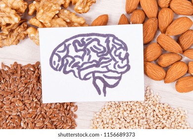 Drawing of brain and healthy food for power and good memory, nutritious eating containing natural vitamins and minerals