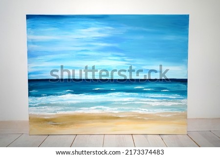 Drawing of bright blue sky, clouds over the sea. Picture contains interesting idea, evokes emotions, aesthetic pleasure. Canvas stretched on stretcher, oil natural paints. Concept art painting texture