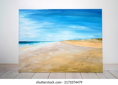 Drawing Of Bright Blue Sky Over The Sea. Picture Contains Interesting Idea, Evokes Emotions, Aesthetic Pleasure, Calm. Canvas Stretched On A Stretcher, Oil Natural Paints. Concept Art Painting Texture