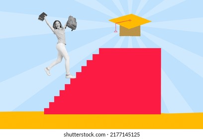 Drawing Collage Of Happy Crazy Teen School Child Achieve Dream Goal Mortar Board Hat. Concept Of Purposefulness