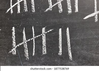 Drawing Counting Tally Chart With Chalk, Marks In Groups Of Five