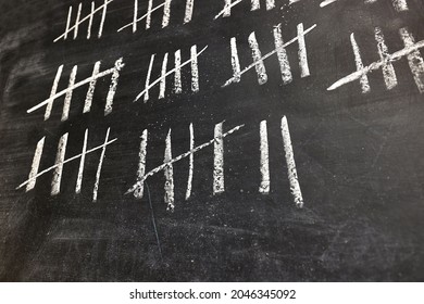Drawing counting tally chart and chalk  marks in groups five  counting days