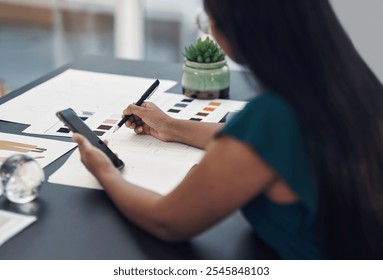 Drawing, designer and phone with woman for fashion ideas, drafting sketch and design of clothes style. Person, mobile and notebook with creative research, inspiration or outfit layout for art process - Powered by Shutterstock